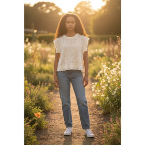 Elie Tahari Short Sleeve Sweater Size Medium Cream Open Knit Lace Accents
